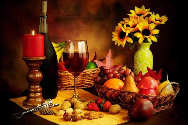 Bright still life with flowers fruits and wine