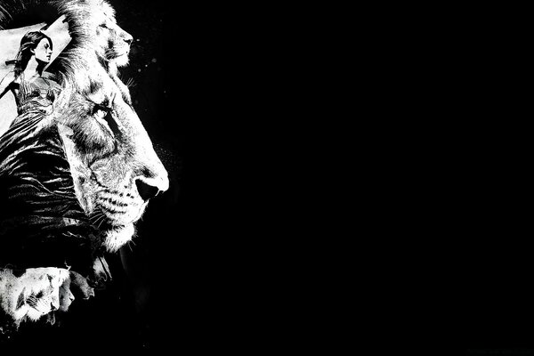 Grunge portrait of a girl with a lion in black and white