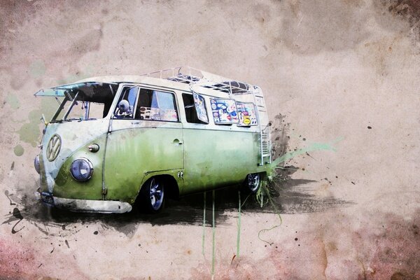 Watercolor drawing of a bus with blots