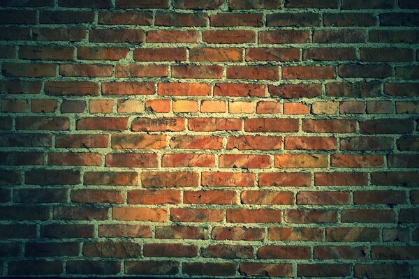 An old brick wall illuminated by a flashlight beam