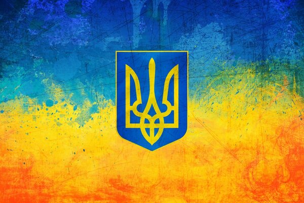 Герб України на жовто-блакитному розмазаному тлі