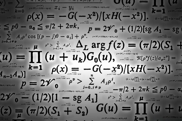 Un gran número de fórmulas matemáticas sobre un fondo gris con un centro de luz