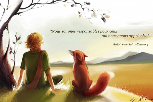 A child and a fox are sitting in a meadow