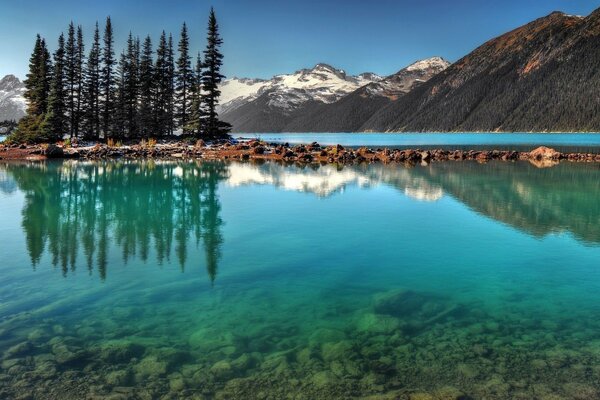 A clear lake and the mountains behind it