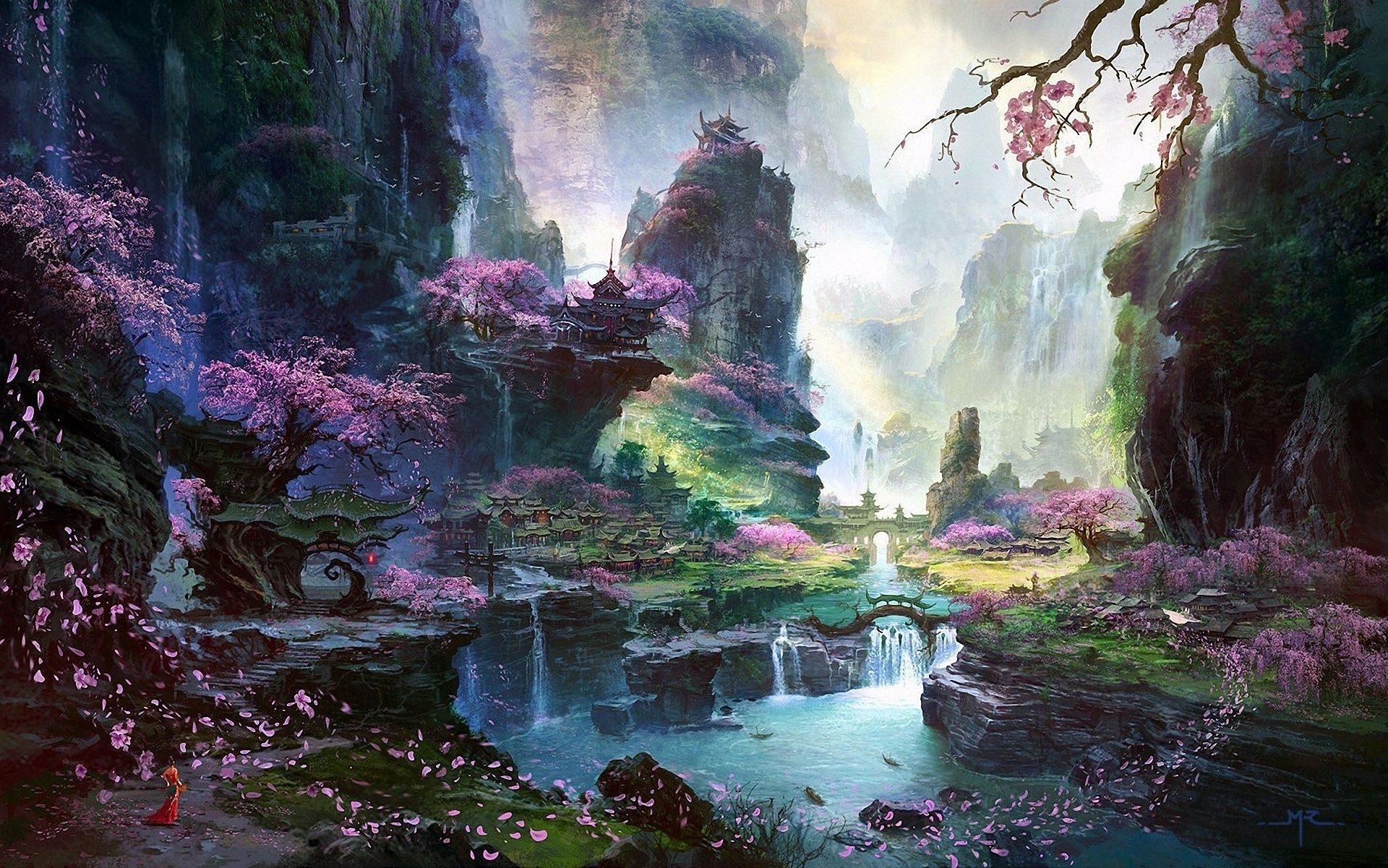 Waterfall river landscape Asia Art Sakura trees temple ...