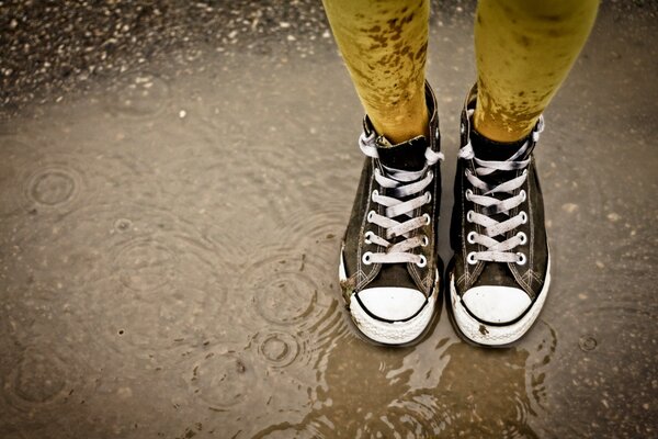 Fashionable sneakers in the rain