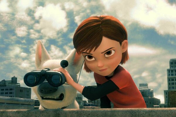 A girl holds binoculars to the dog s eyes