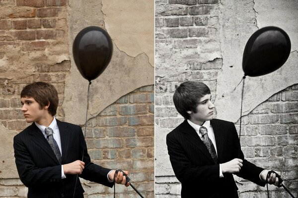 Dos fotos de un chico con una pelota. Color y blanco y negro