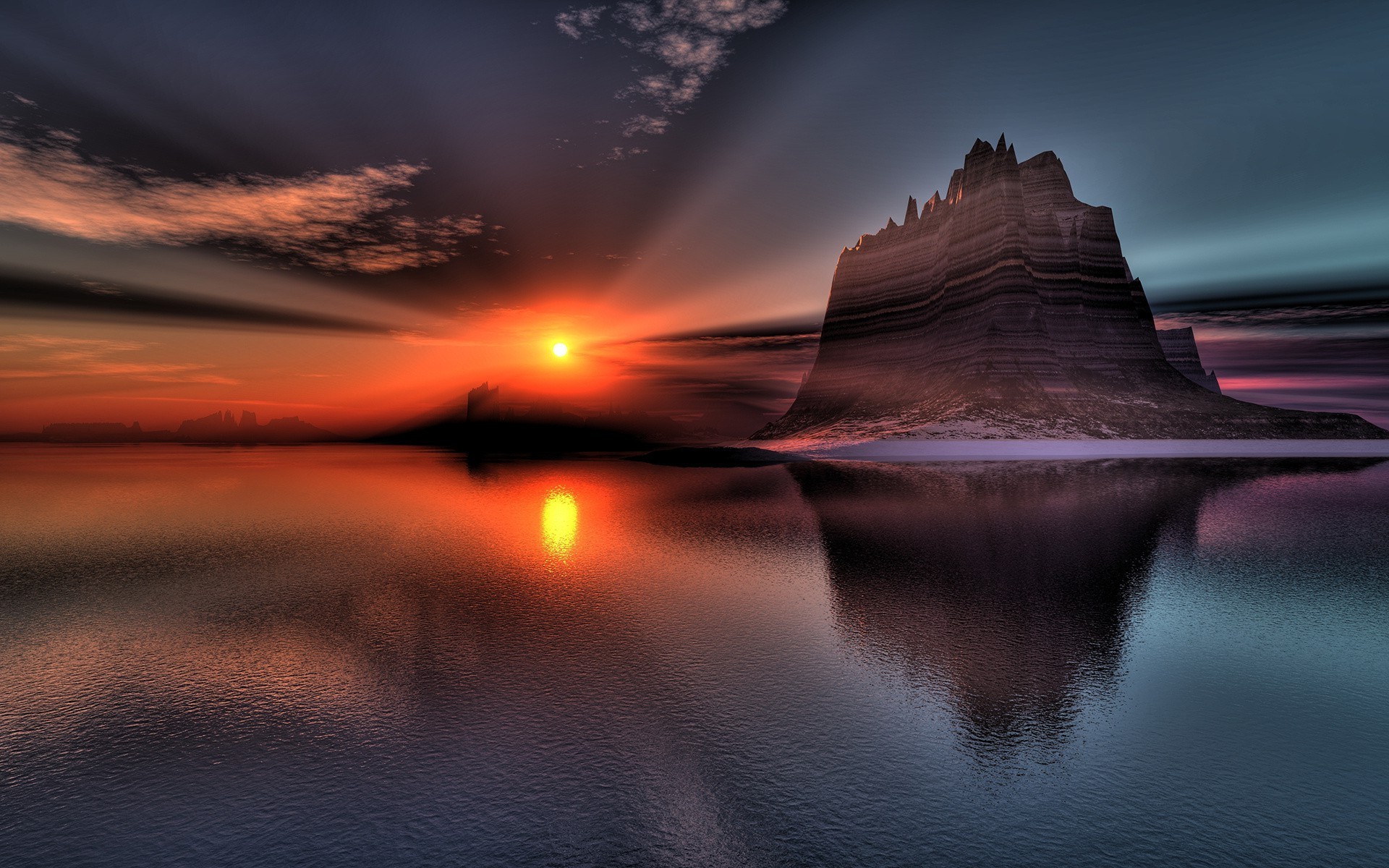 lake sunset dawn sun water evening dusk sky landscape reflection travel nature beach