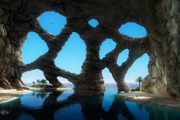 Boulders, rocks and rocks on the background of water