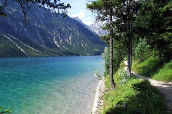 Sky blue water in the lake near the rocks