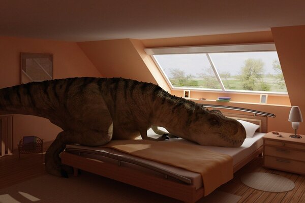 Dinosaure installé sur un lit dans un appartement moderne