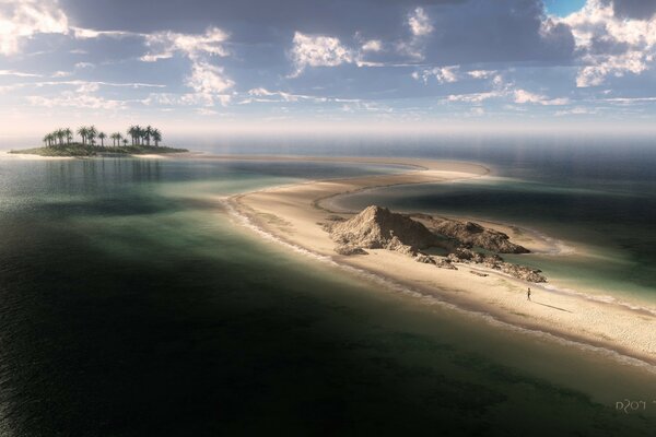 Una piccola isola con un mucchio di palme in un mare infinito