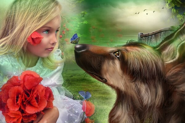 A girl with flowers and a hound dog are friends