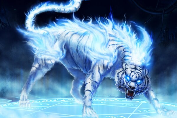 Weißer Tiger in blauer Flamme