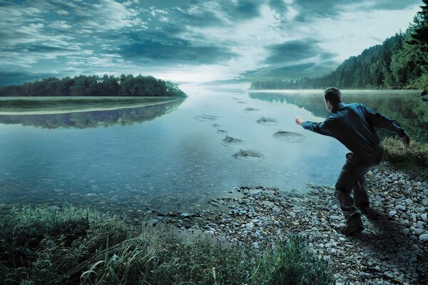 A man mysteriously throws a stone