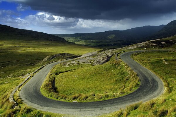 Mountain road among green meadows