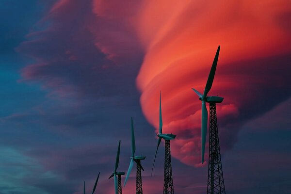 Windmühlen, roter Himmel