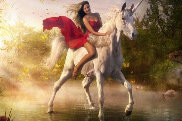 A woman rides a unicorn