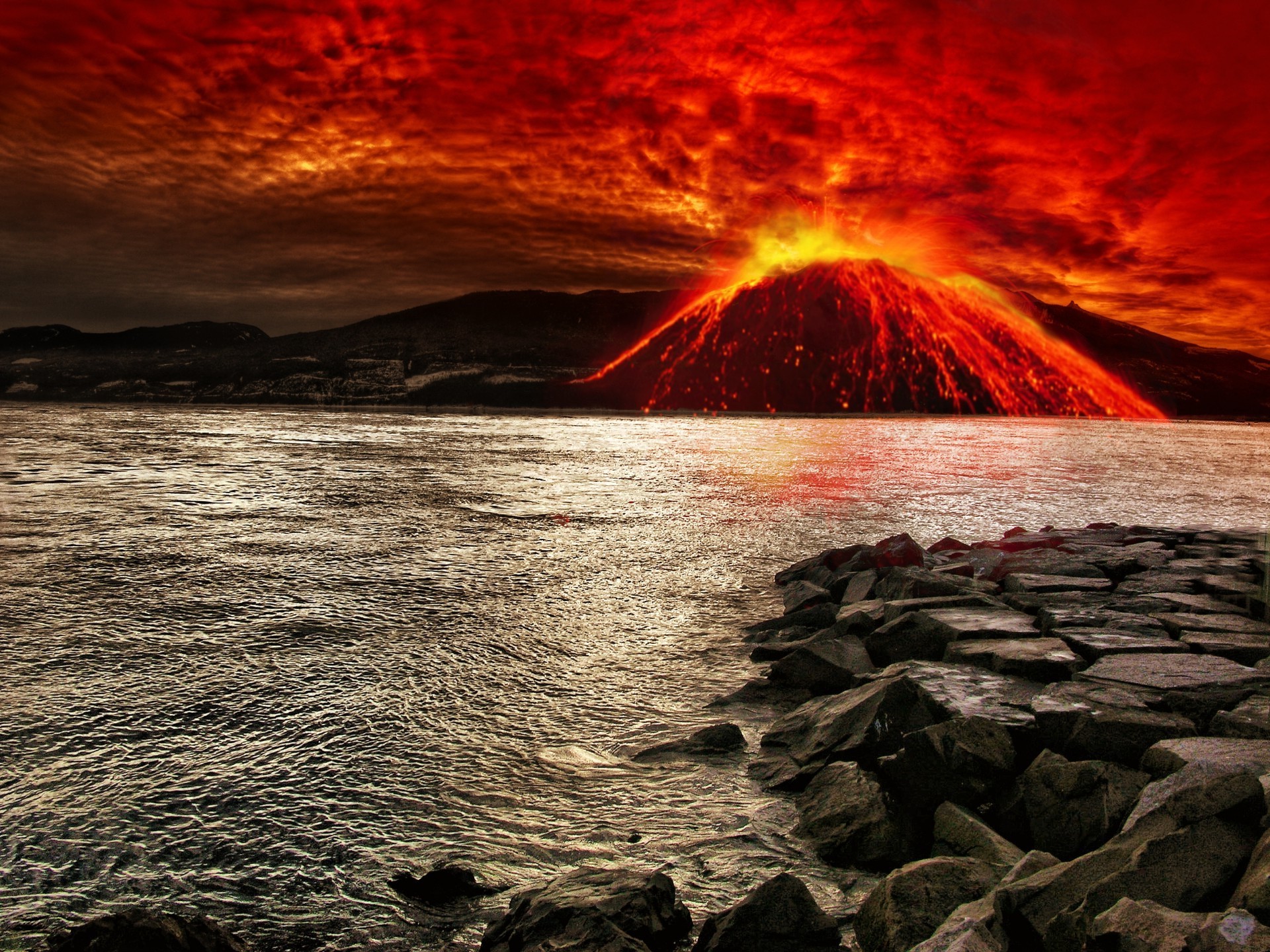 the volcano sunset ocean water beach sea evening storm seashore dawn dusk seascape calamity landscape wave sky light