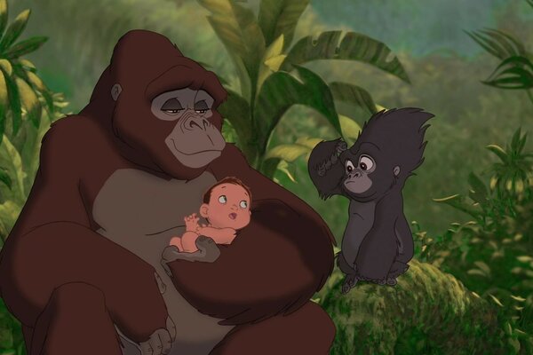 A shot from the cartoon Tarzan with a baby and two gorillas