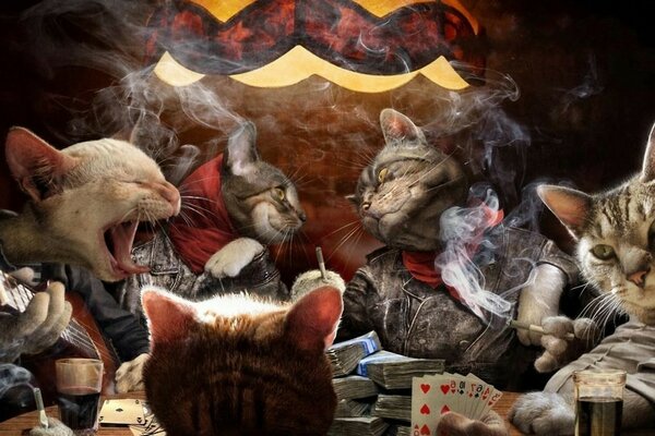 Cats play cards and smoke cigarettes