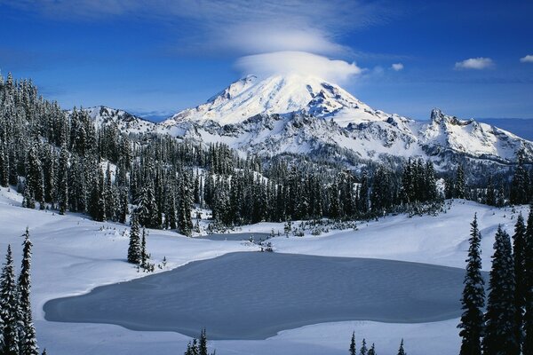 Cold winter in the mountains and lake