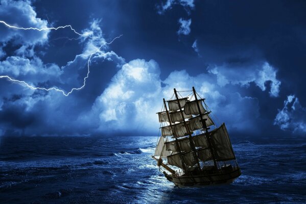 抽象和图形。 风暴。 海洋中央的一艘船