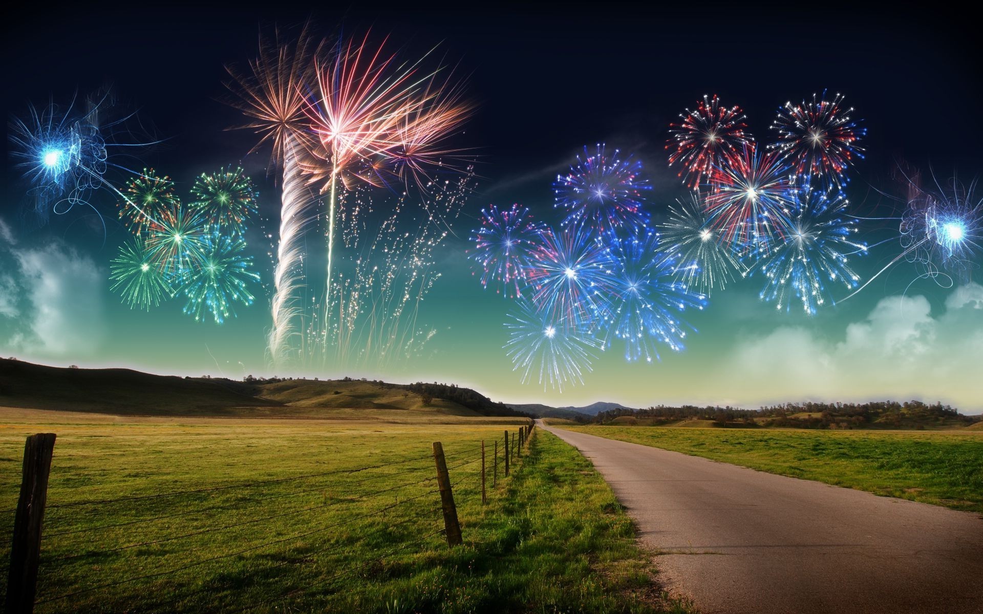 landscapes sky light grass bright nature fireworks