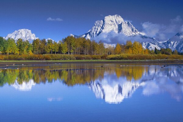 The mirror surface of the lake reflects the sky, mountain peaks and trees