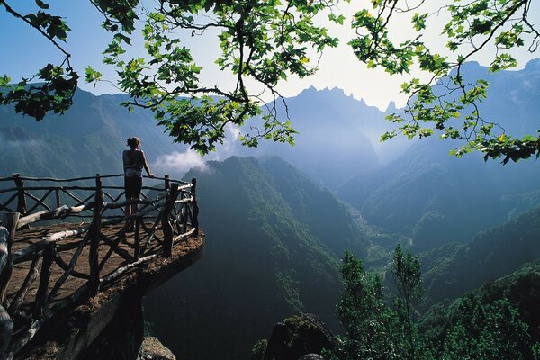 People are watching the landscape of a mountainous and wooded area