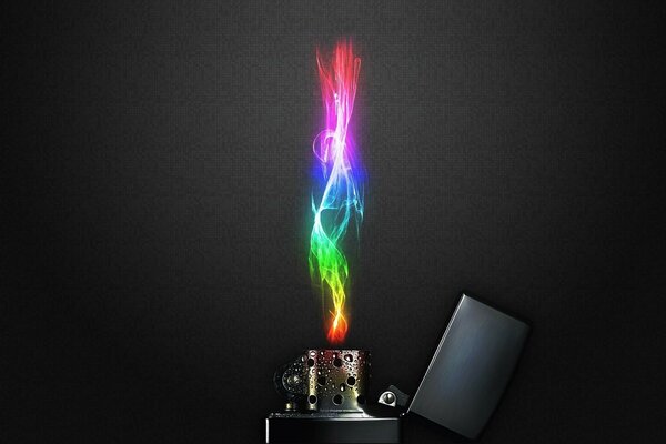 The flame of the lighter, painted in rainbow colors. on a gray background