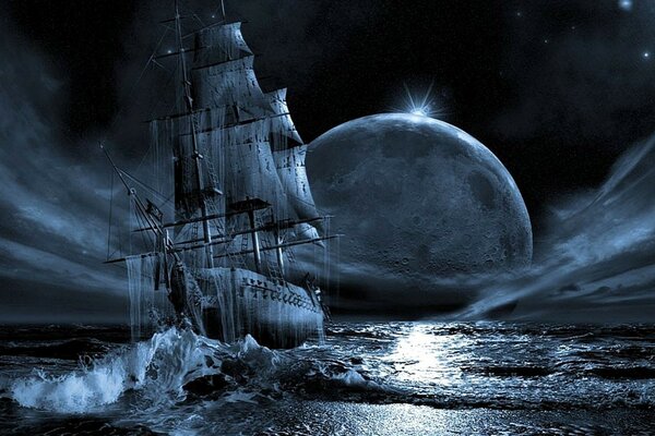 Lune voilier nuit Fantasy bateau fantôme de l eau