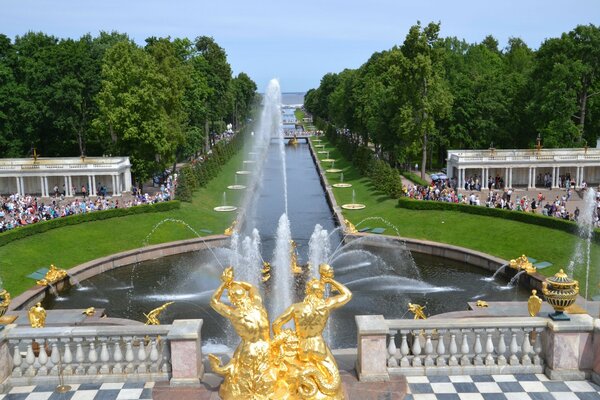 Samson fountain on the background of a cascade of waterfalls overlooking the Gulf of Finland