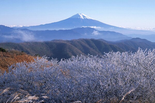 Paisagem com montanhas vulcânicas e vegetação