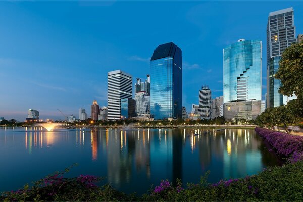 Beautiful skyscrapers in the city above the water