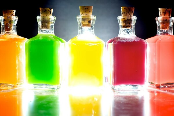 Multi-colored bottles with liquid glass