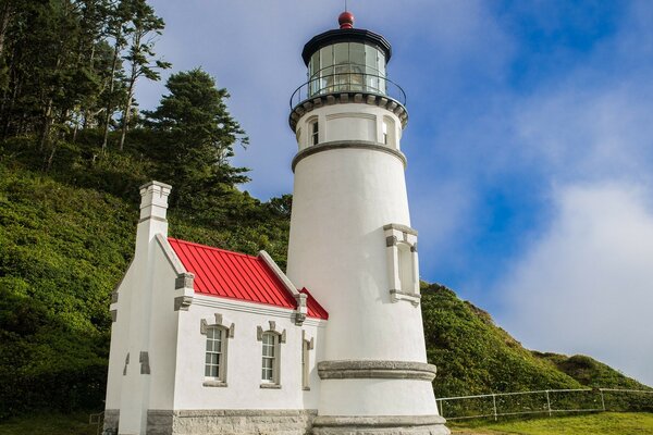 White lighthouse at the foot of the mountain