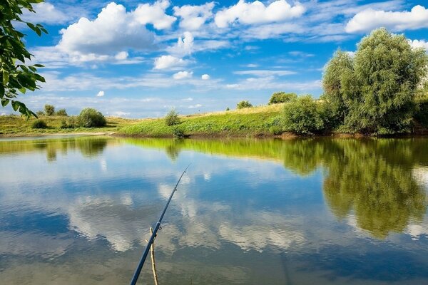 A fishing rod thrown into the lake. First-person view