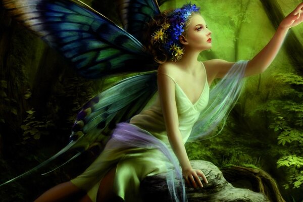 A girl in a green dress with butterfly wings