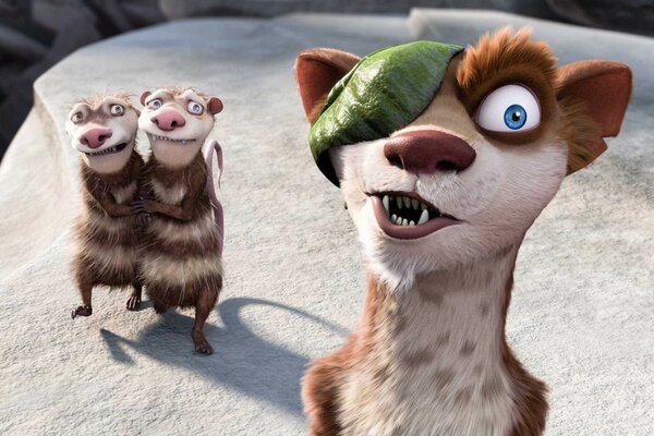 A picture from the ice age cartoon with cute mammals