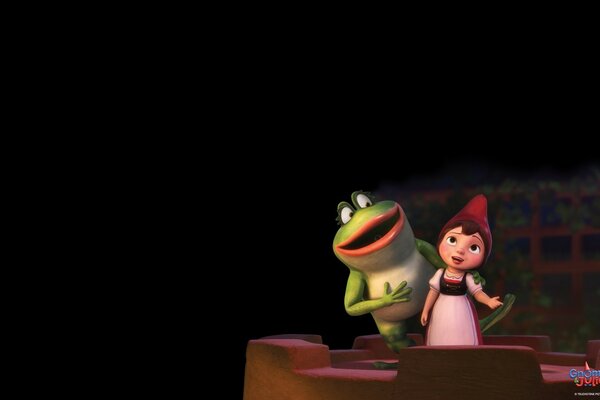 A girl and a frog on a black background