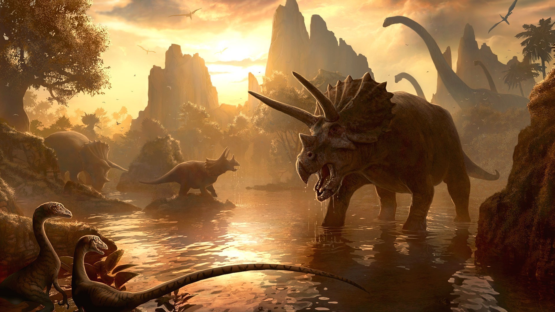 dinosaurios agua ilustración monstruo arte puesta del sol amanecer mamífero