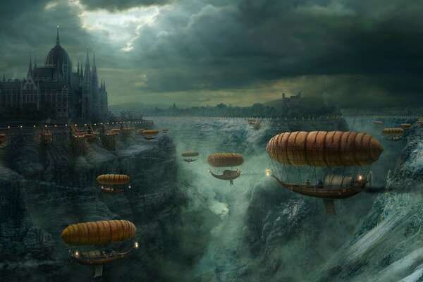 The airship is in the fog. Fantasy city. Rays through the clouds