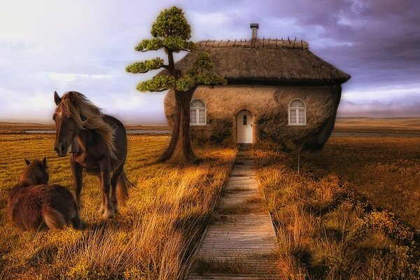 A drawn picture. Horses at the little house