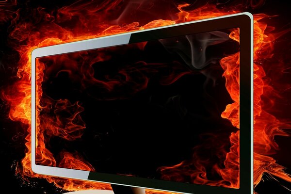 The TV screen engulfed in flames