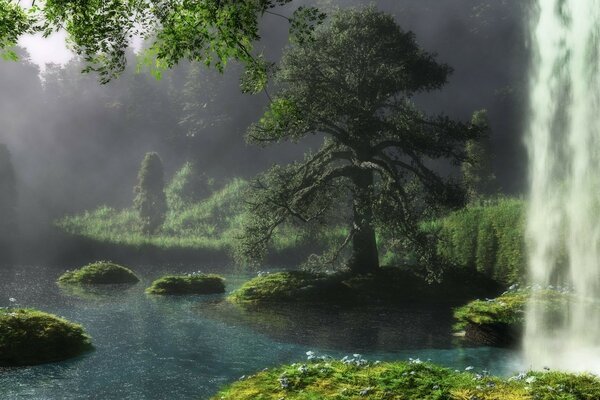 Cascada atmosférica en un bosque de hadas