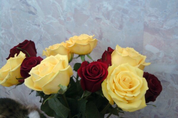 Bouquet of yellow and red roses