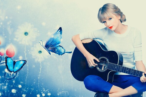 A woman with a guitar on a background of flowers and butterflies