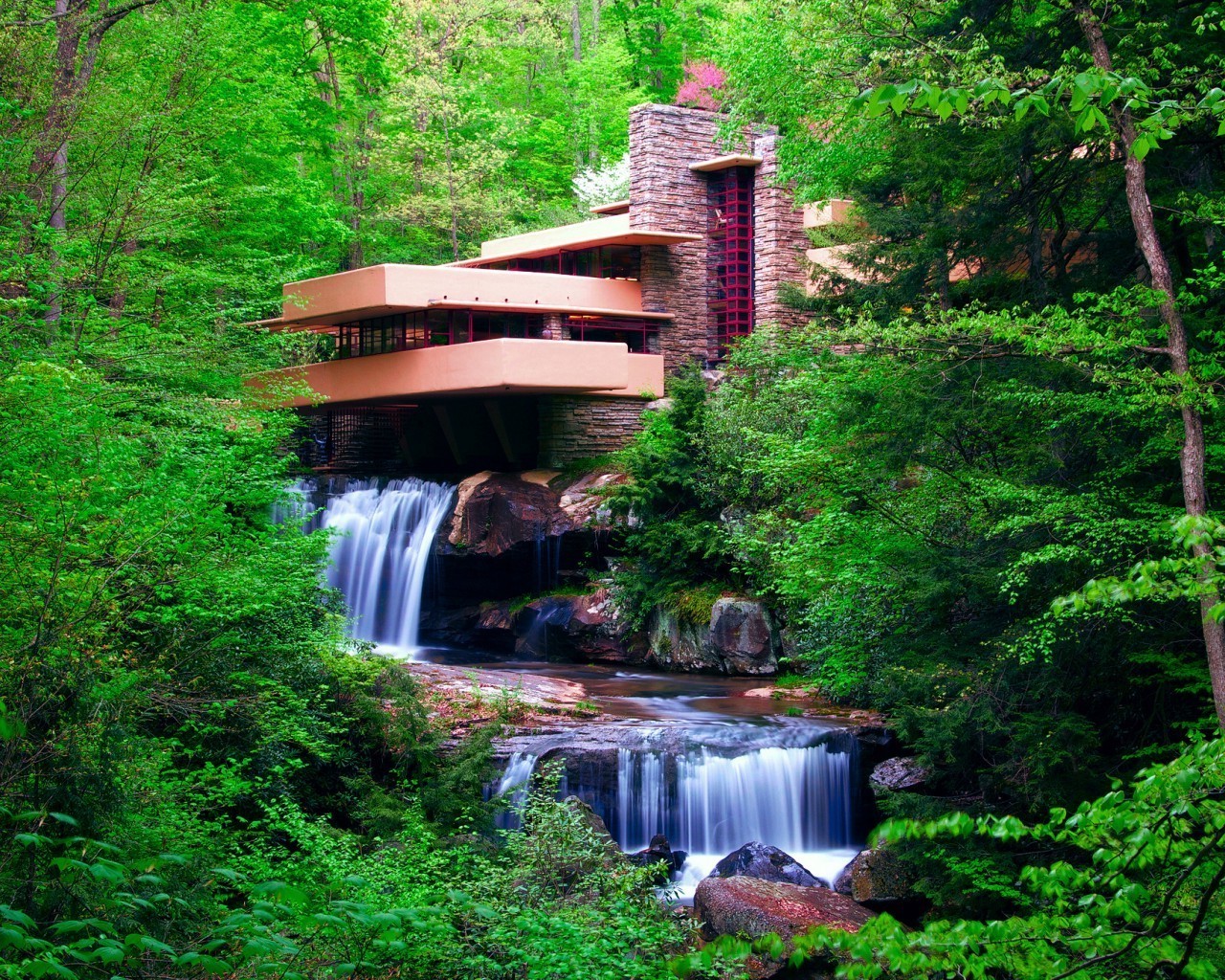 архитектура природа деревья водопад дом загрузить